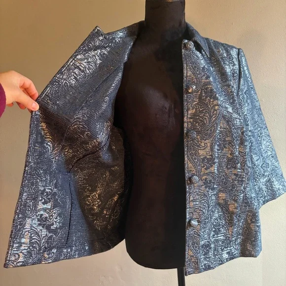 Alfred Dunner Silver Gray Metallic Paisley Blazer Jacket 3/4 Sleeve Shimmer 14P - Picture 7 of 15